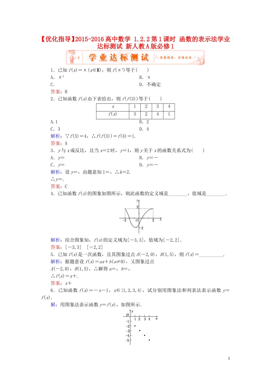 高中数学 1.2.2第1课时 函数的表示法学业达标测试 新人教A版必修1-新人教A版高一必修1数学试题_第1页