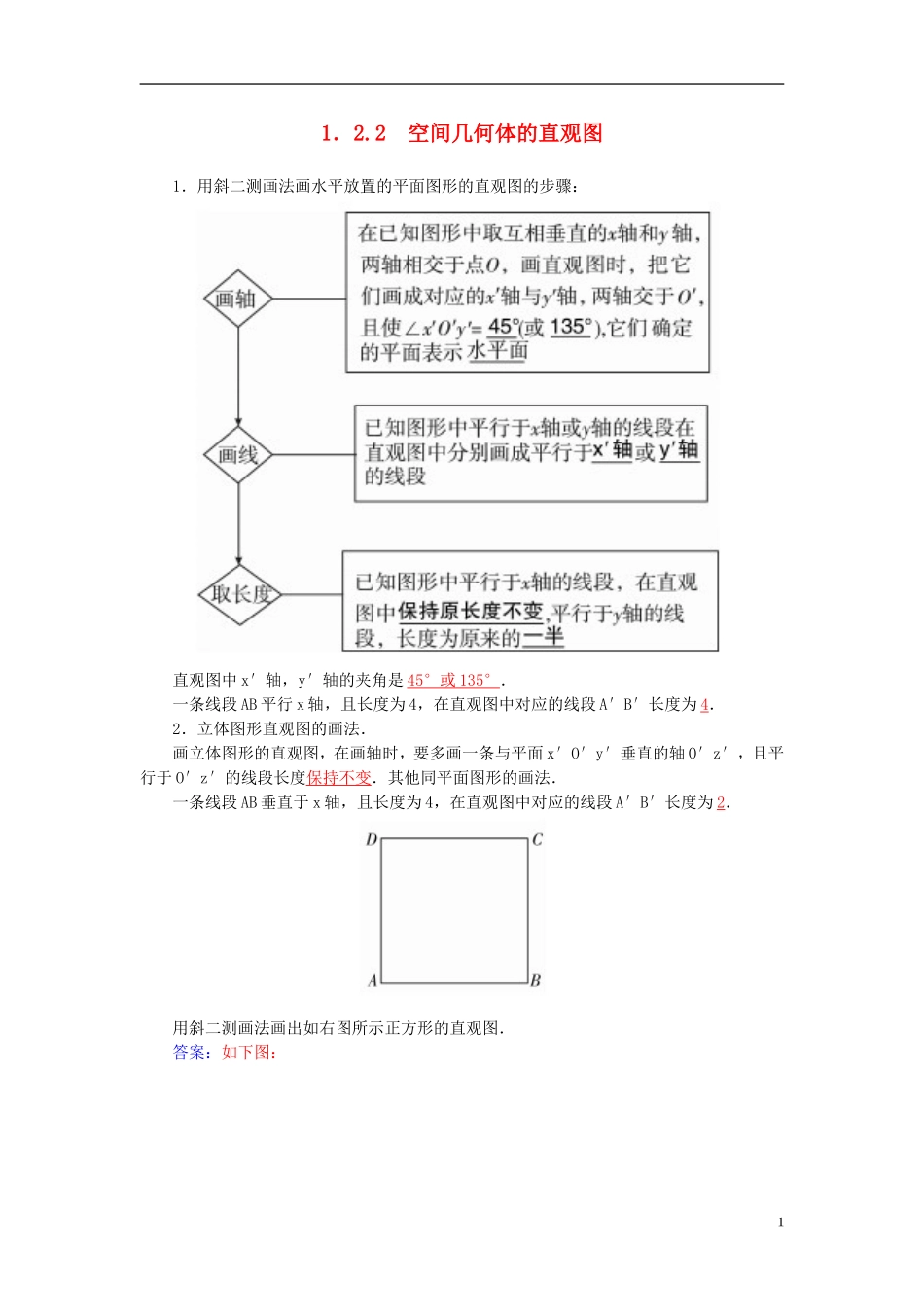 高中数学 1.2.2空间几何体的直观图练习 新人教A版必修2-新人教A版高一必修2数学试题_第1页