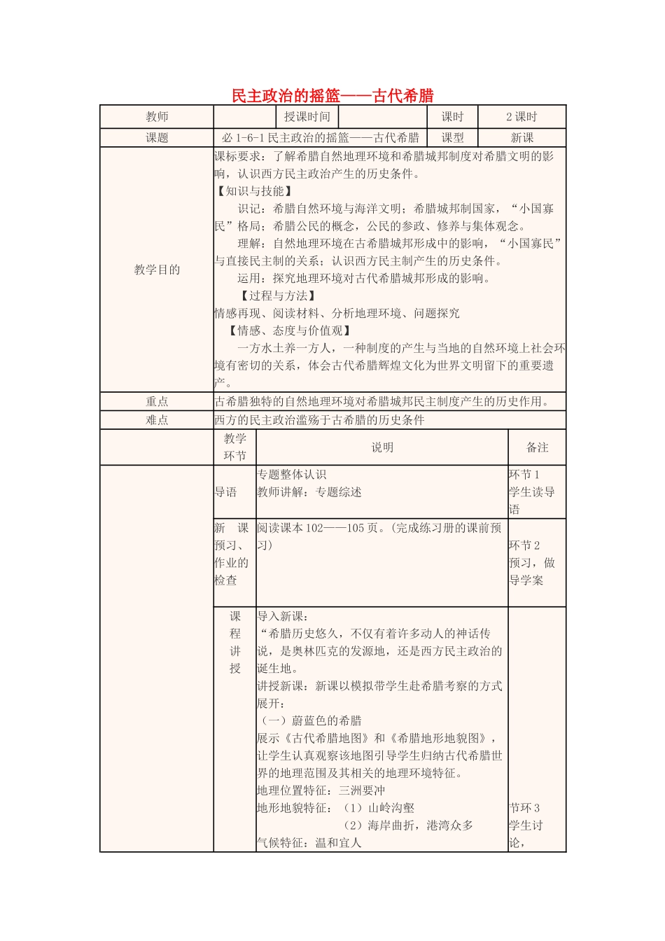 四川省宜宾市一中高一历史第12周 6.1民主政治的摇篮——古代希腊教学设计-人教版高一全册历史教案_第1页