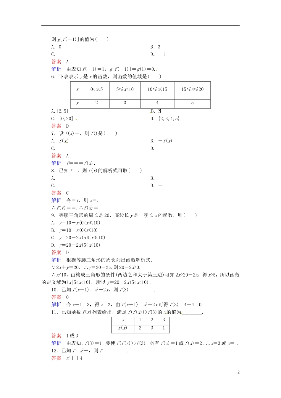 高中数学 1.2.2函数的表示法（第1课时）课时作业 新人教A版必修1-新人教A版高一必修1数学试题_第2页