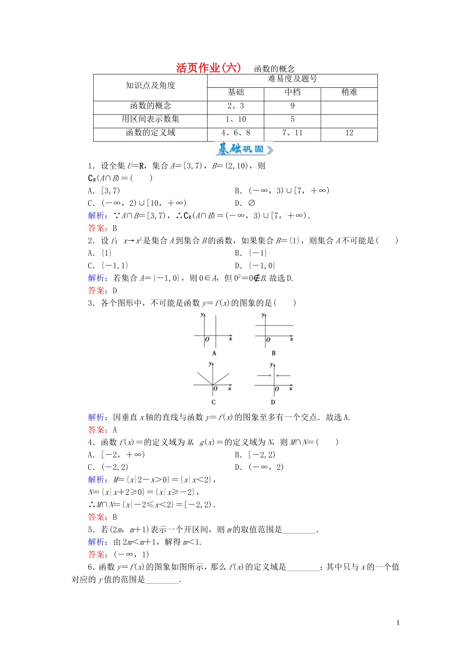 高中数学 1.2.1第1课时 函数的概念课时作业 新人教A版必修1-新人教A版高一必修1数学试题_第1页