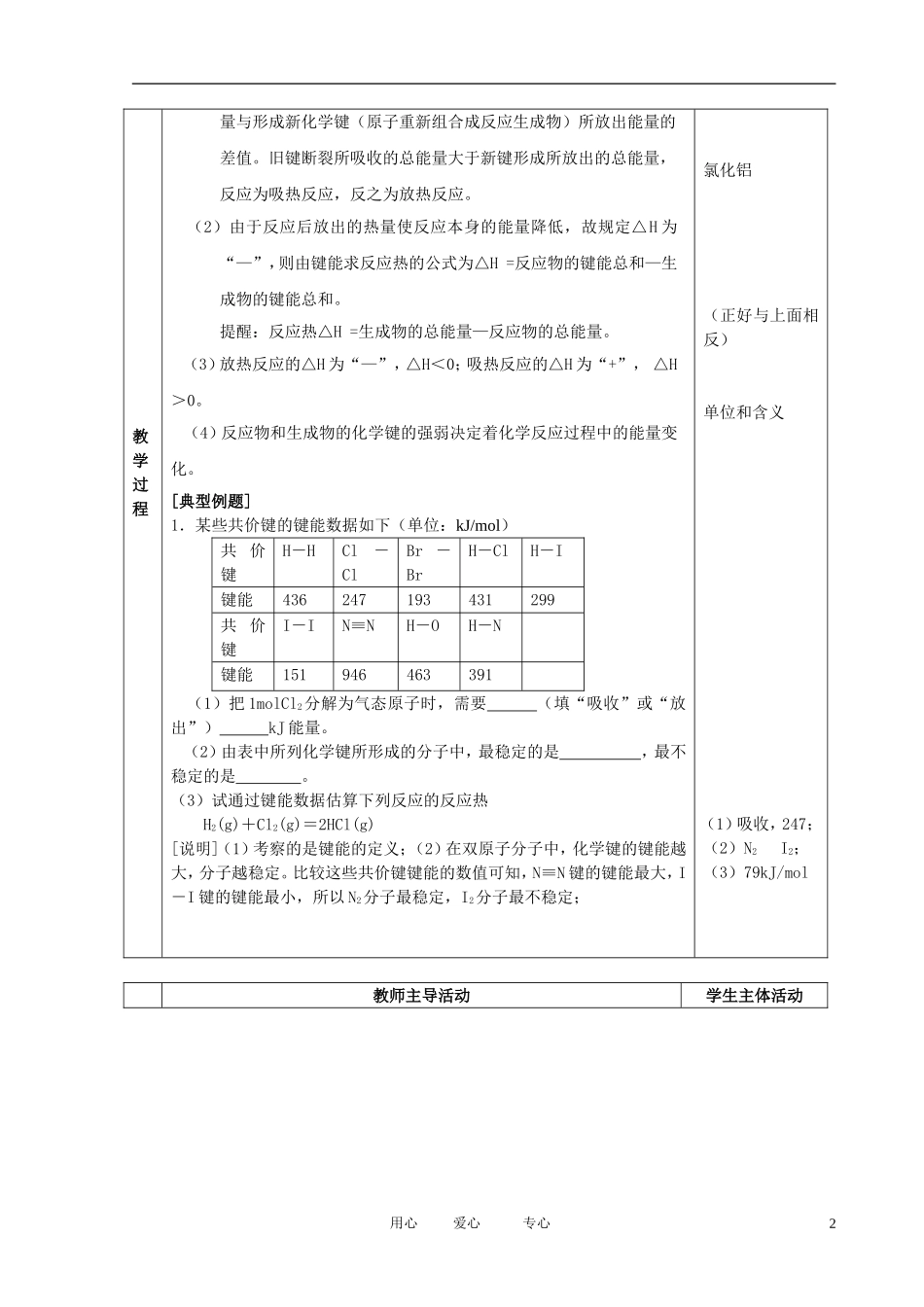 江苏省新沂市王楼中学高中化学 3.3《共价键 原子晶体》共价键的键能与化学反应热 教案 苏教版选修3_第2页