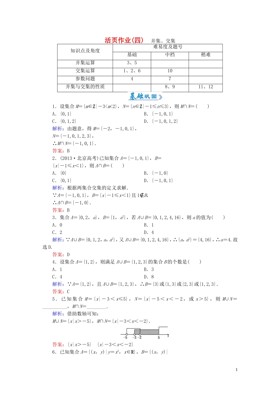 高中数学 1.1.3第1课时 并集、交集课时作业 新人教A版必修1-新人教A版高一必修1数学试题_第1页