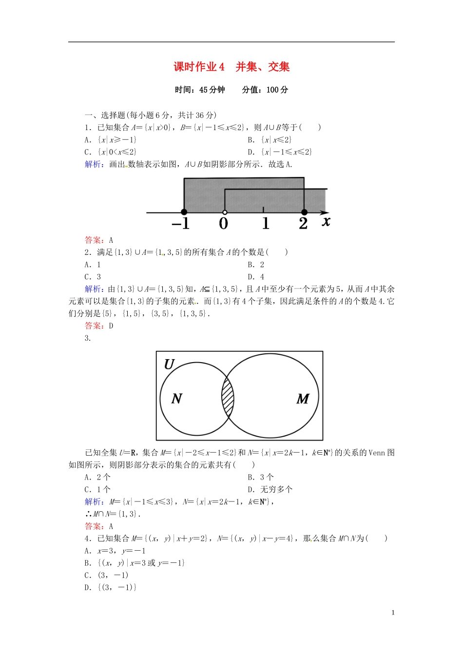 高中数学 1.1.3.1并集、交集课时作业 新人教版必修1-新人教版高一必修1数学试题_第1页