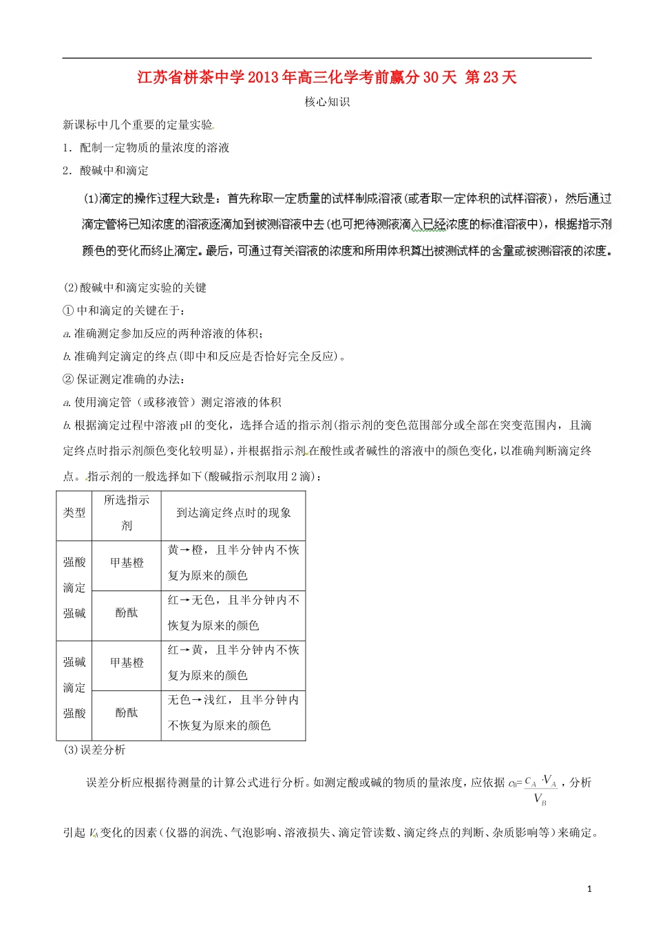 江苏省栟茶中学2013年高三化学考前赢分30天 第23天_第1页
