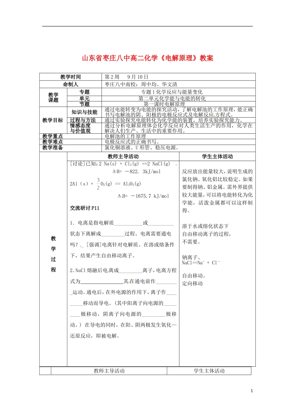 山东省枣庄八中高二化学《电解原理》教案_第1页