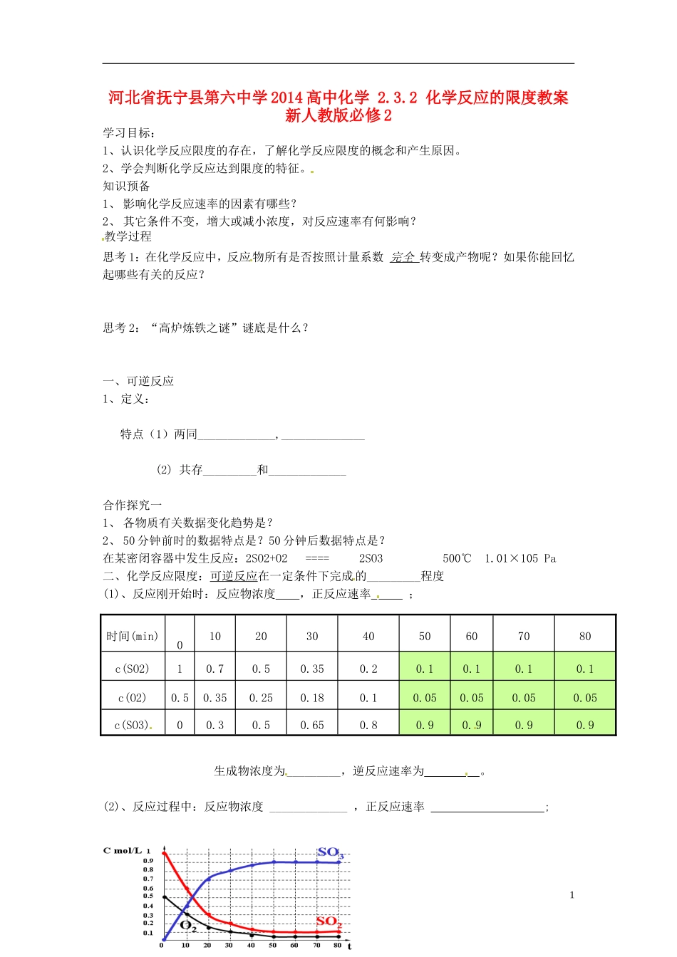 河北省抚宁县第六中学2014高中化学 2.3.2 化学反应的限度教案 新人教版必修2_第1页