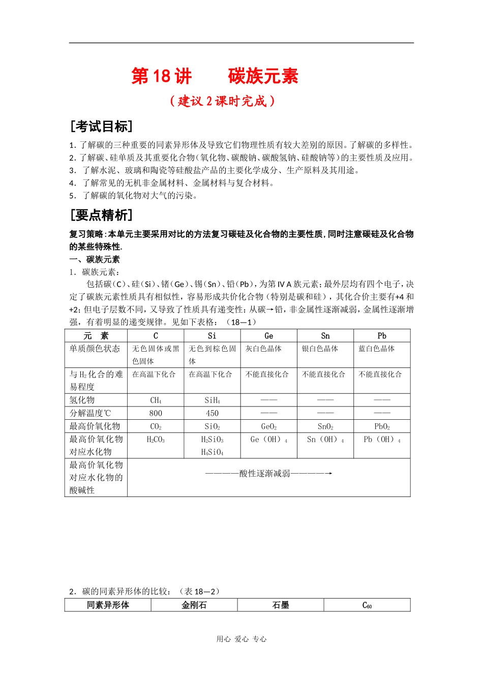 广东省红城中学2010届高三化学复习教案：第18讲 碳族元素 新人教版_第1页