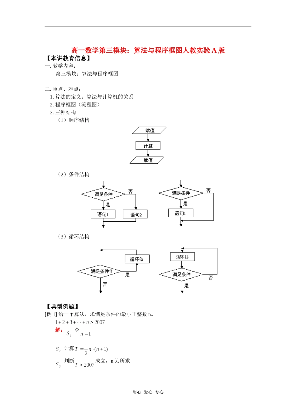 高一数学第三模块：算法与程序框图人教实验A版知识精讲_第1页