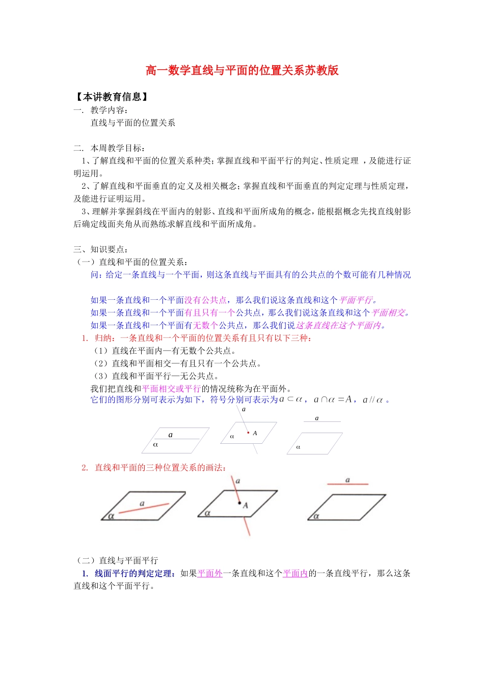 高一数学直线与平面的位置关系苏教版知识精讲_第1页