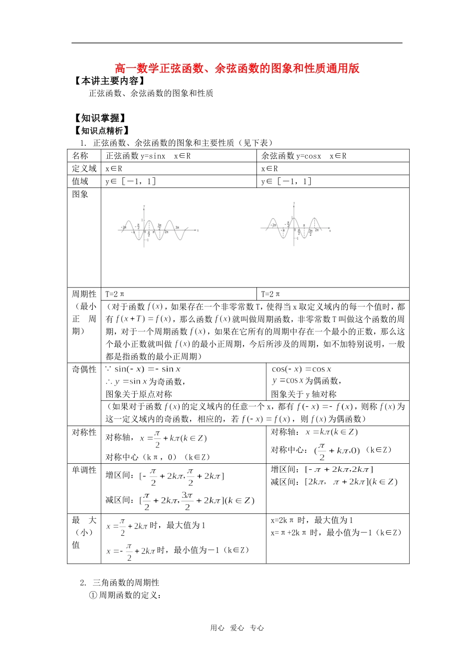 高一数学正弦函数、余弦函数的图象和性质通用版知识精讲_第1页