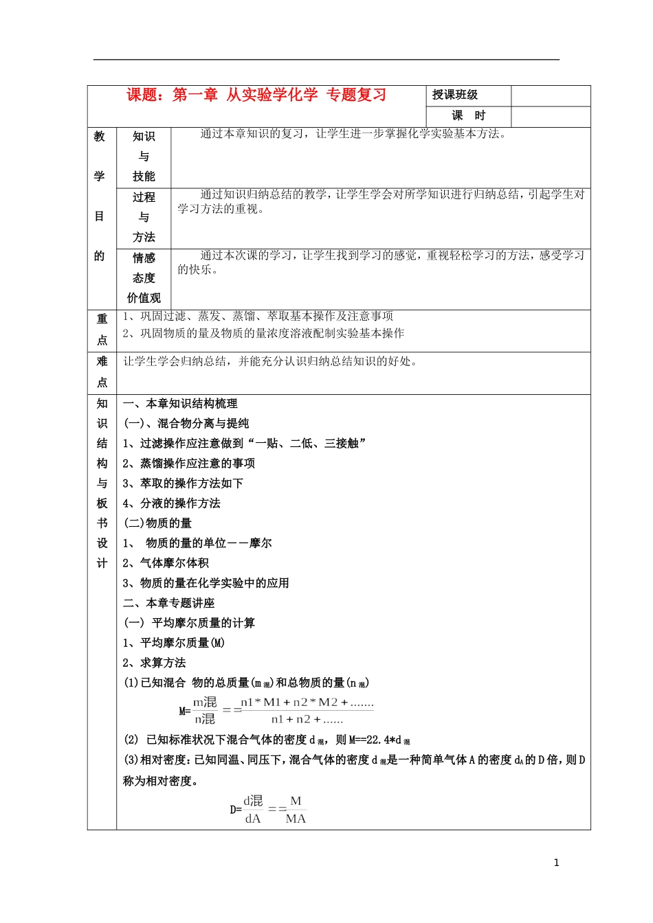 江苏省平潮高级中学高中化学集体备课 《第一章 从实验学化学》第一章 从实验学化学 专题复习教案 苏教版必修1_第1页
