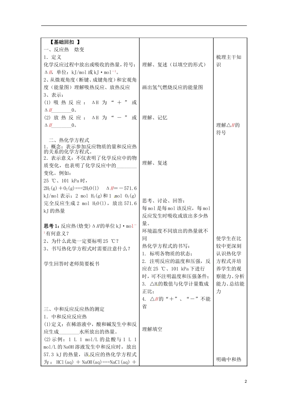 山东省枣庄八中高二化学《化学反应的热效应》教案5_第2页