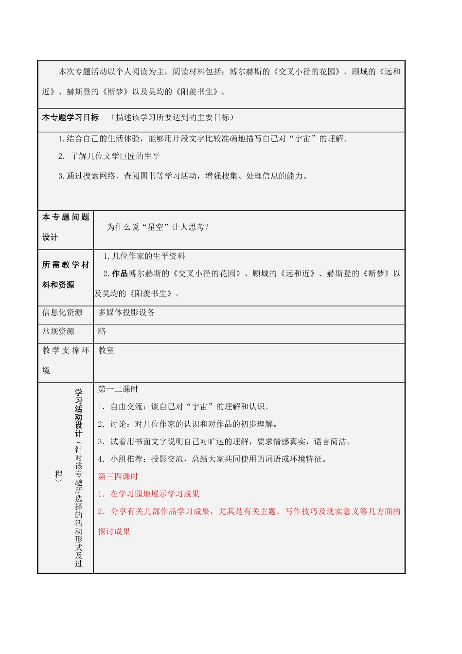山东省青岛市九中2012-2013学年高二语文 交叉小径的花园 感悟时空交错中的心灵探索主题单元设计 鲁教版_第3页