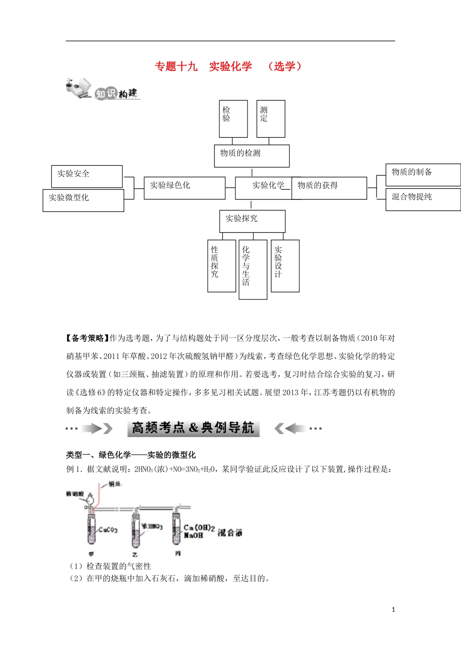 江苏省2013年高考化学二轮 专题十九 实验化学 （选学）最新讲义_第1页