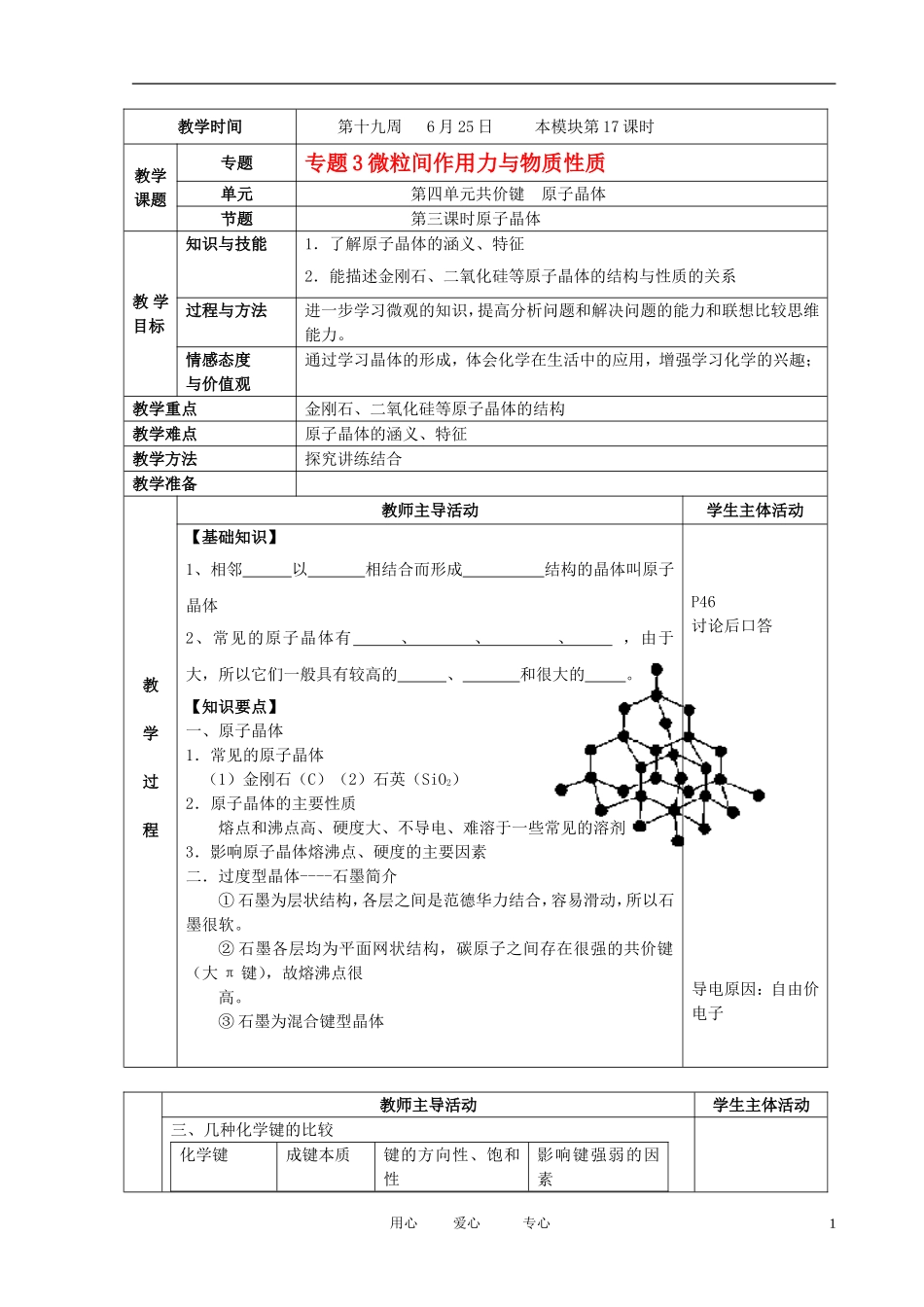 江苏省新沂市王楼中学高中化学 3.2《共价键 原子晶体》原子晶体 教案 苏教版选修3_第1页