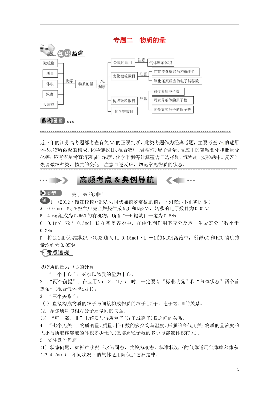江苏省2013年高考化学二轮 专题二 物质的量最新讲义_第1页