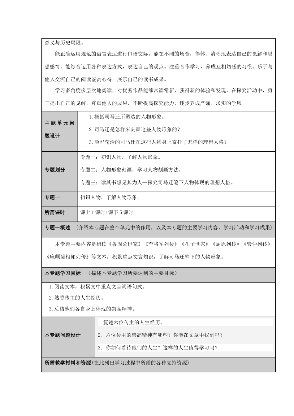 山东省临清市高中2012-2013学年高二语文《史记》的理想人格主题单元设计_第3页