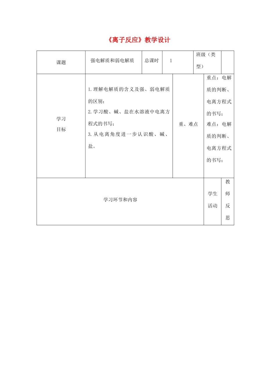 四川省宜宾市一中高一化学《离子反应》教学设计-人教版高一全册化学教案_第1页
