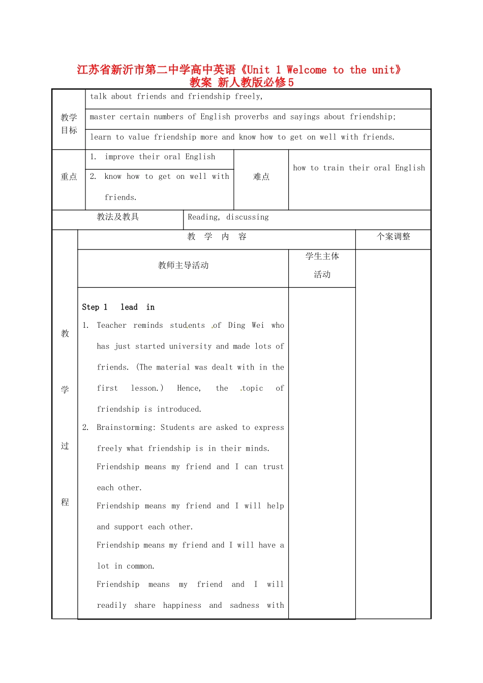 江苏省新沂市第二中学高中英语《Unit 1 Welcome to the unit》教案 新人教版必修5_第1页
