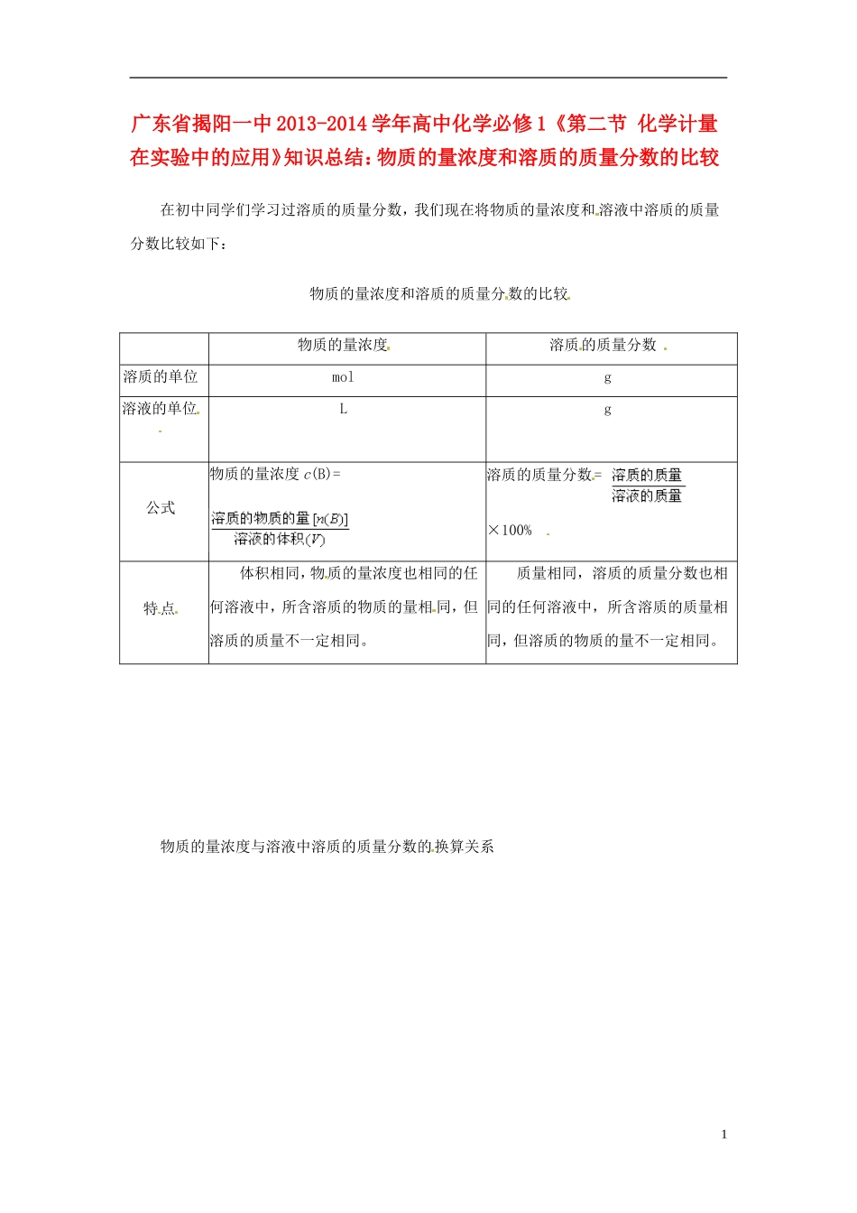 广东省揭阳一中2013-2014学年高中化学《第二节 化学计量在实验中的应用》 物质的量浓度和溶质的质量分数的比较知识总结 新人教版必修1_第1页