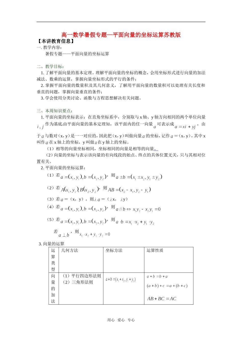 高一数学暑假专题—平面向量的坐标运算苏教版_第1页