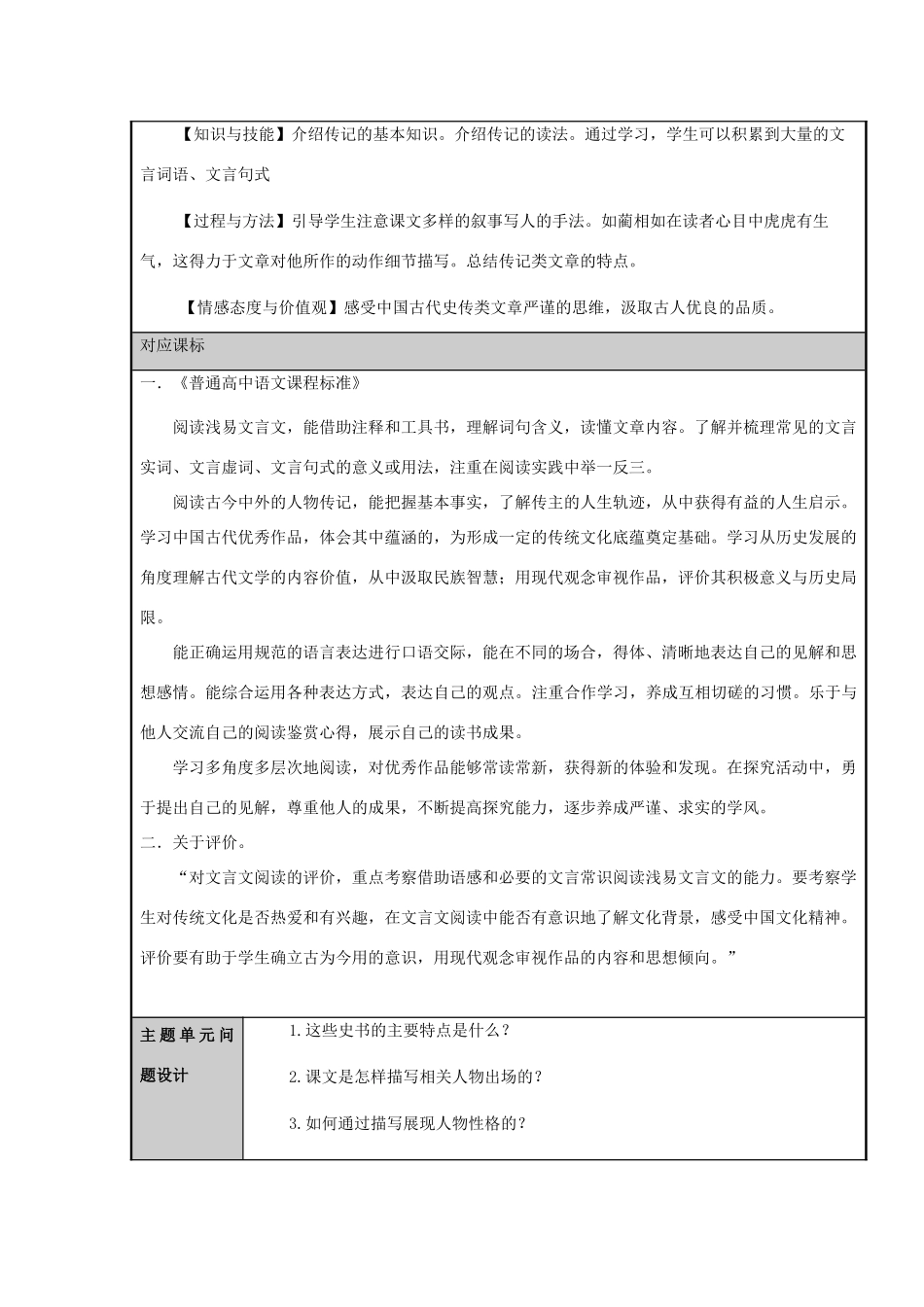 山东省平邑县一中高一语文 史传类文学作品的特点主题单元设计 鲁教版_第2页