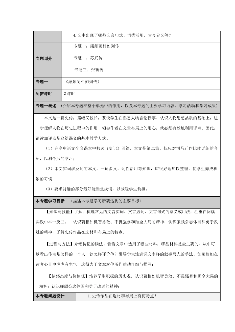 山东省平邑县一中高一语文 史传类文学作品的特点主题单元设计 鲁教版_第3页