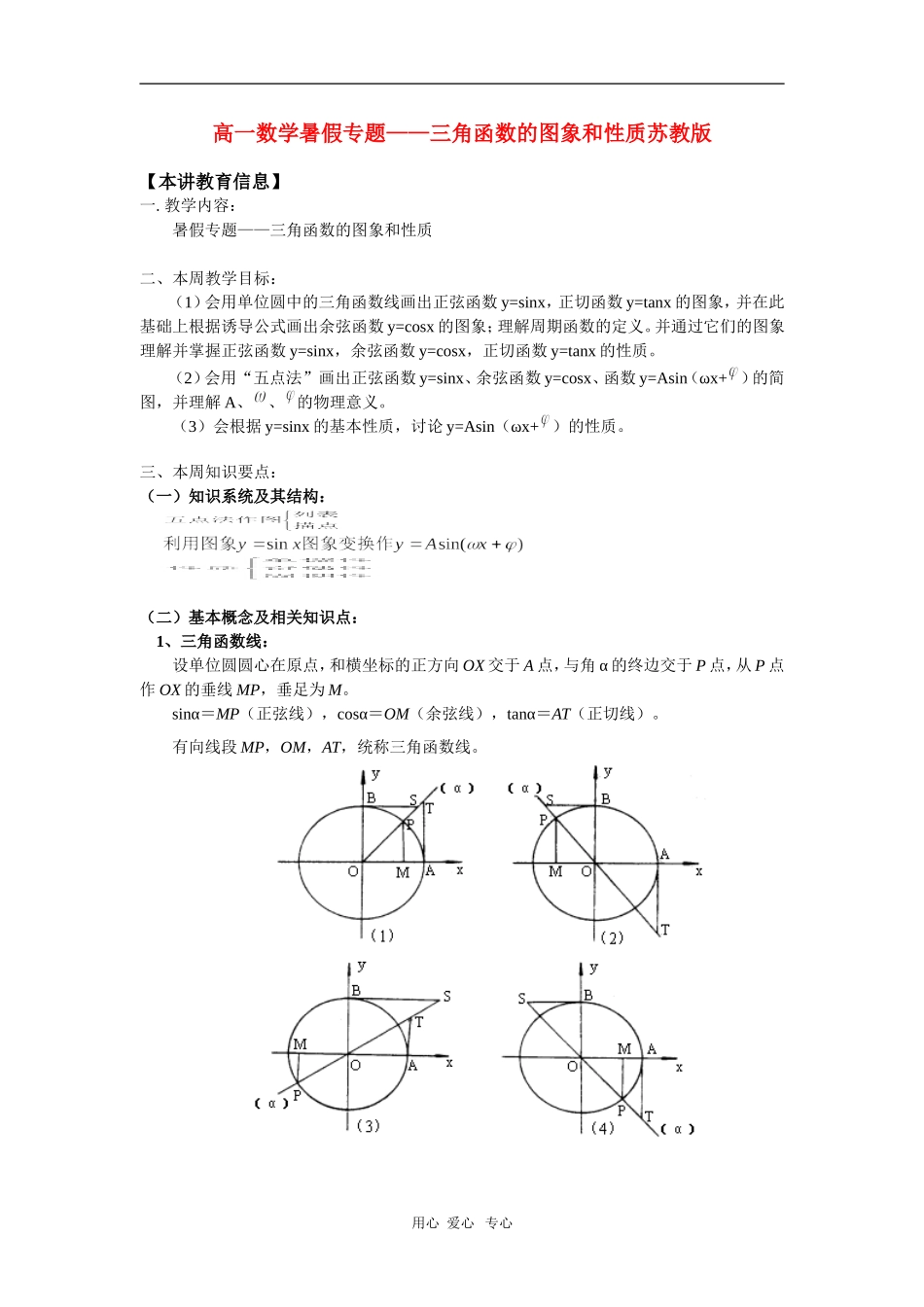 高一数学暑假专题——三角函数的图象和性质苏教版 知识精讲_第1页