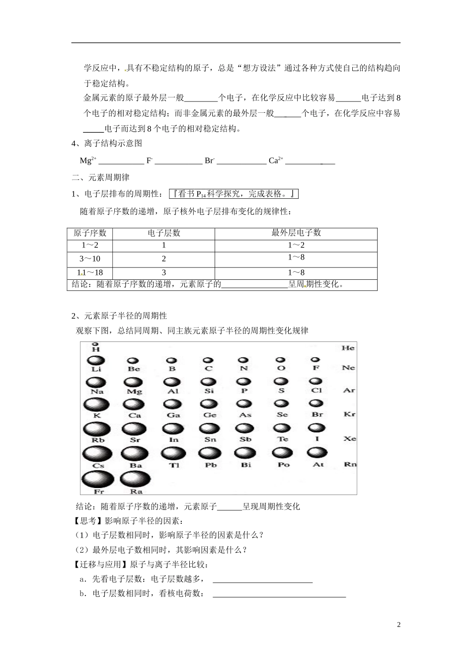 山东省冠县一中2014高中化学《第一章 第二节 元素周期律 第2课时》学案 新人教版必修2_第2页