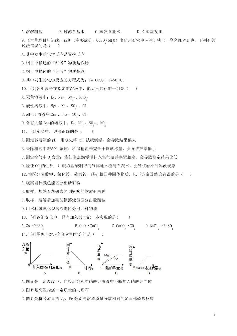 2023年中考复习人教版九年级化学下册第十一单元【盐 化肥】精练卷附答案_第2页