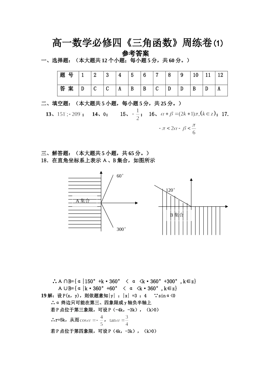 高一数学必修四《三角函数》周练卷(1)答案_第1页