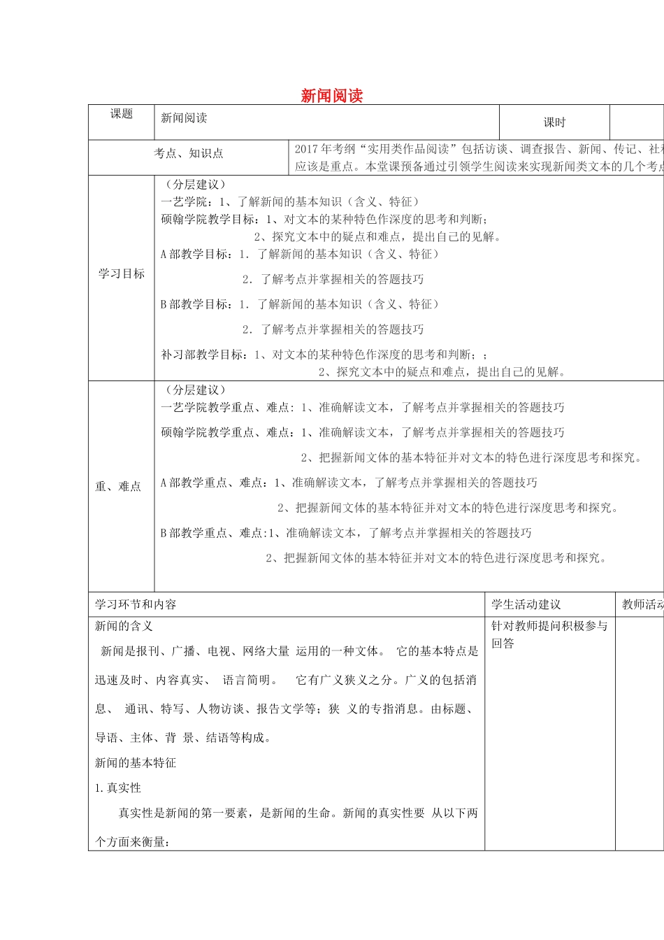 高中语文上学期第11周 新闻阅读教学设计-人教版高中全册语文教案_第1页
