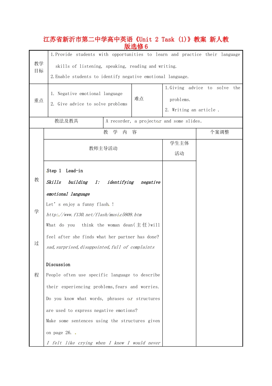 江苏省新沂市第二中学高中英语《Unit 2 Task (1)》教案 新人教版选修6_第1页