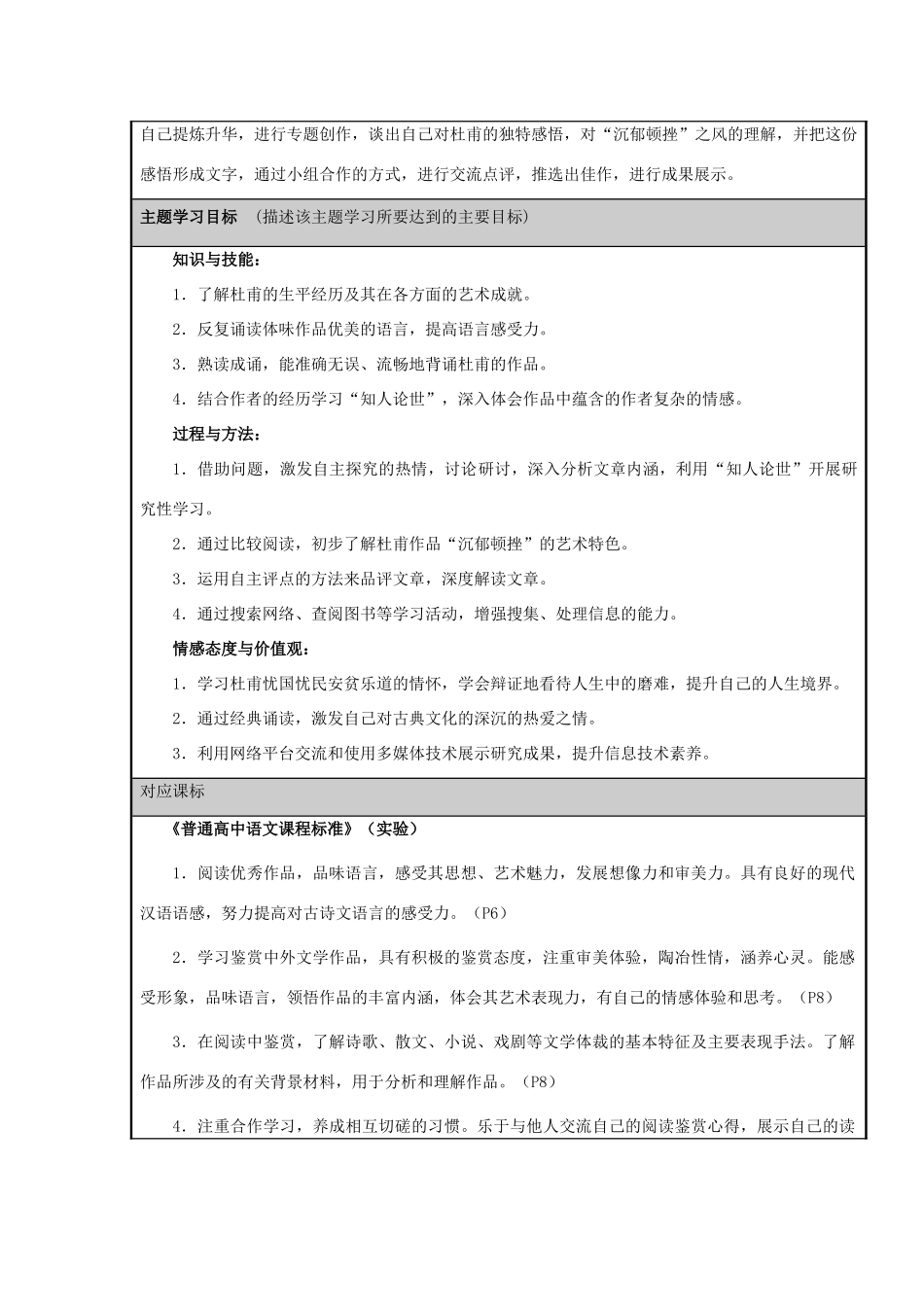 山东省滕州市高中2012-2013学年高二语文“沉郁顿挫的杜甫诗”主题单元设计_第2页