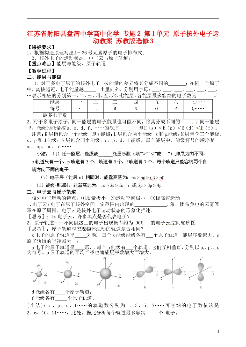 江苏省射阳县盘湾中学高中化学 专题2 第1单元 原子核外电子运动教案 苏教版选修3_第1页
