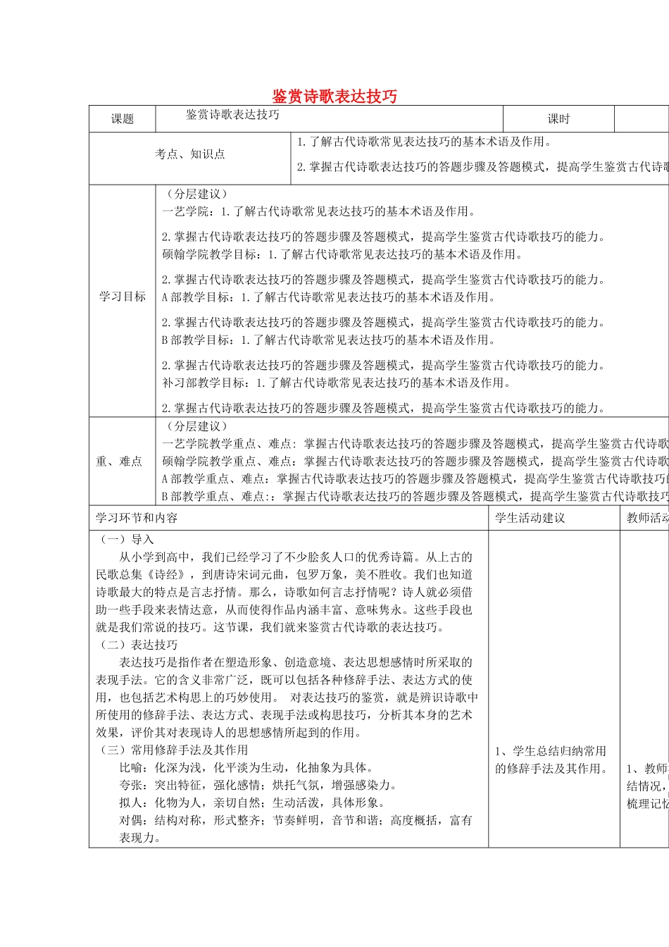 高中语文上学期第2周 鉴赏诗歌表达技巧教学设计-人教版高中全册语文教案_第1页