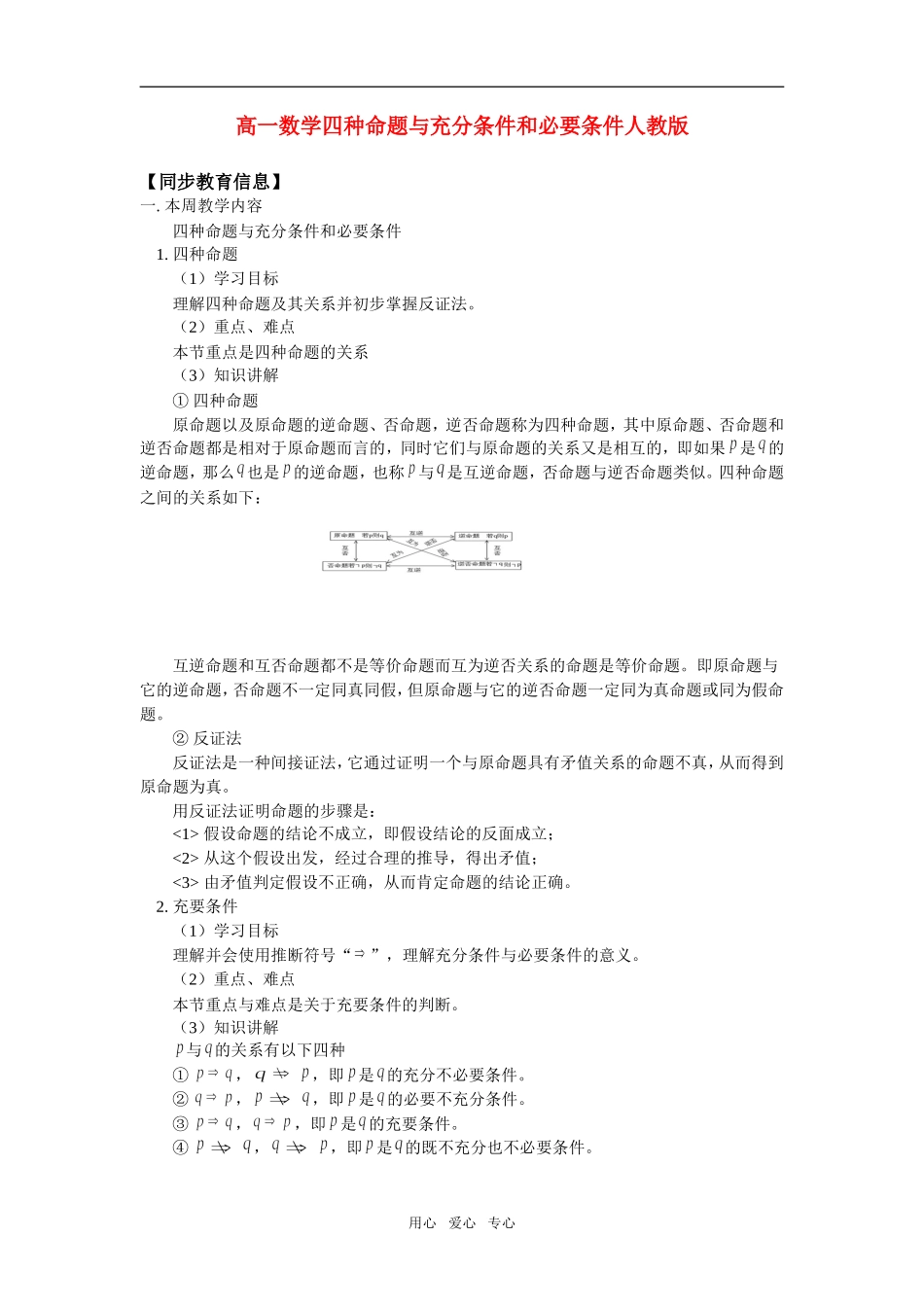 高一数学四种命题与充分条件和必要条件人教版知识精讲_第1页