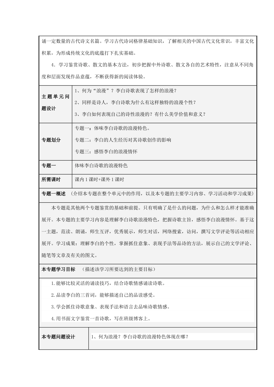 山东省师范大学附属中学2012-2013学年高二语文 李白的诗性浪漫主题单元设计 鲁教版_第3页