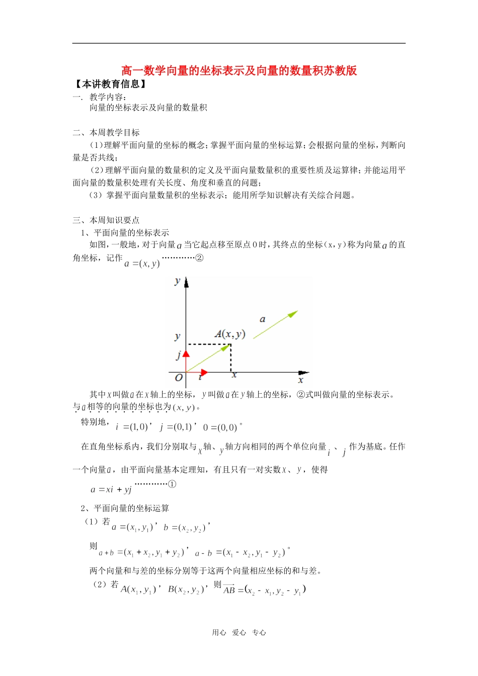 高一数学向量的坐标表示及向量的数量积苏教版知识精讲_第1页