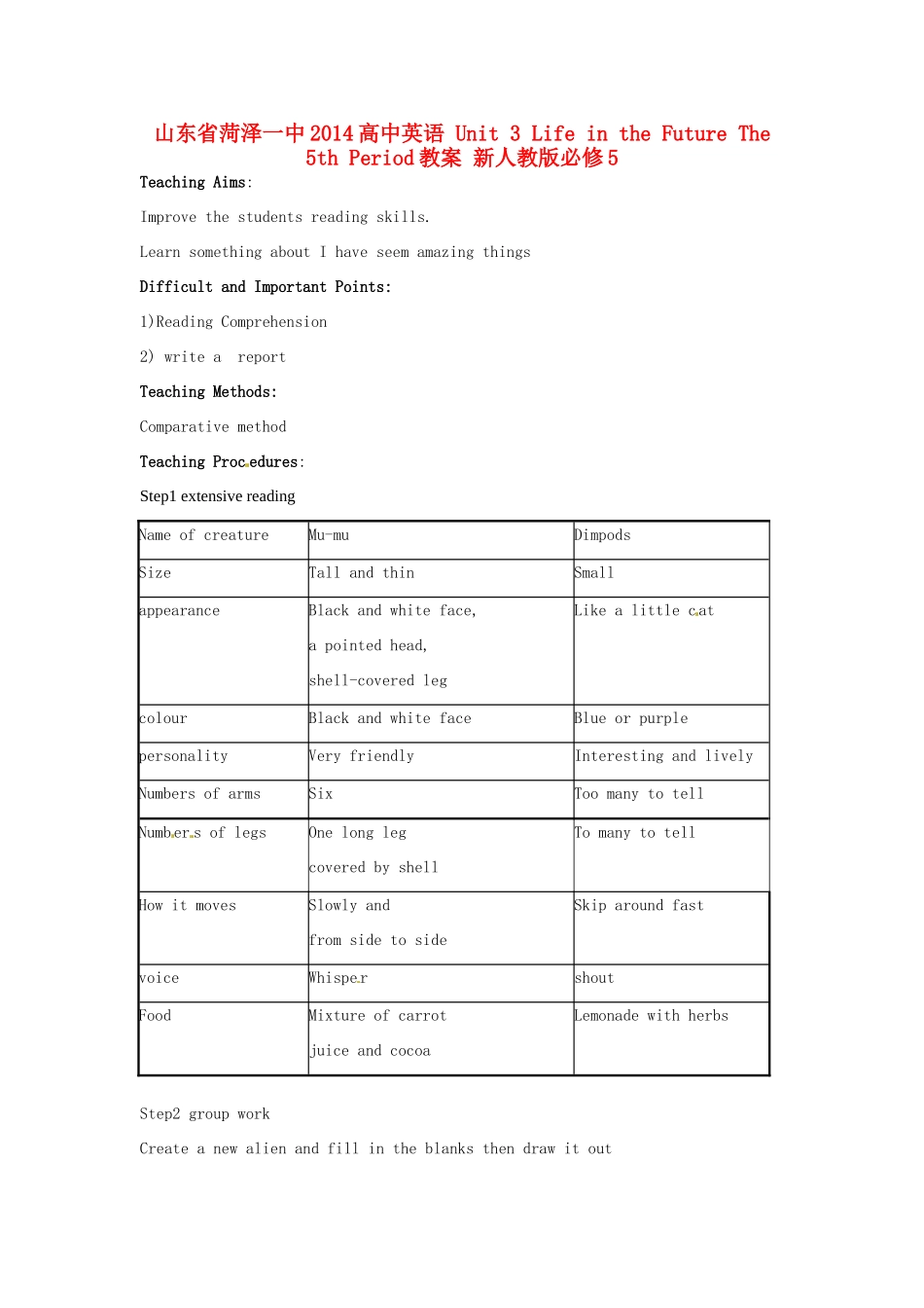 山东省菏泽一中2014高中英语 Unit 3 Life in the Future The 5th Period教案 新人教版必修5_第1页