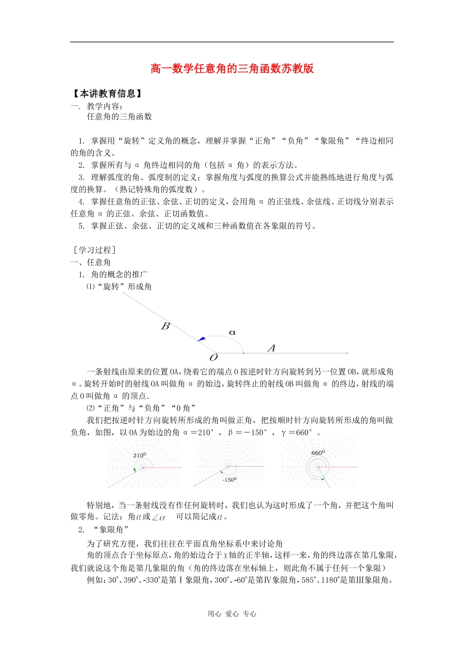 高一数学任意角的三角函数苏教版知识精讲_第1页