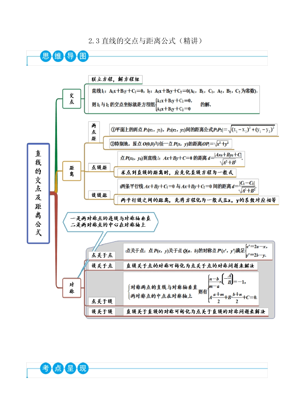 2022-2023学年人教版高二上学期数学精讲精练2-3 直线的交点与距离公式_第1页