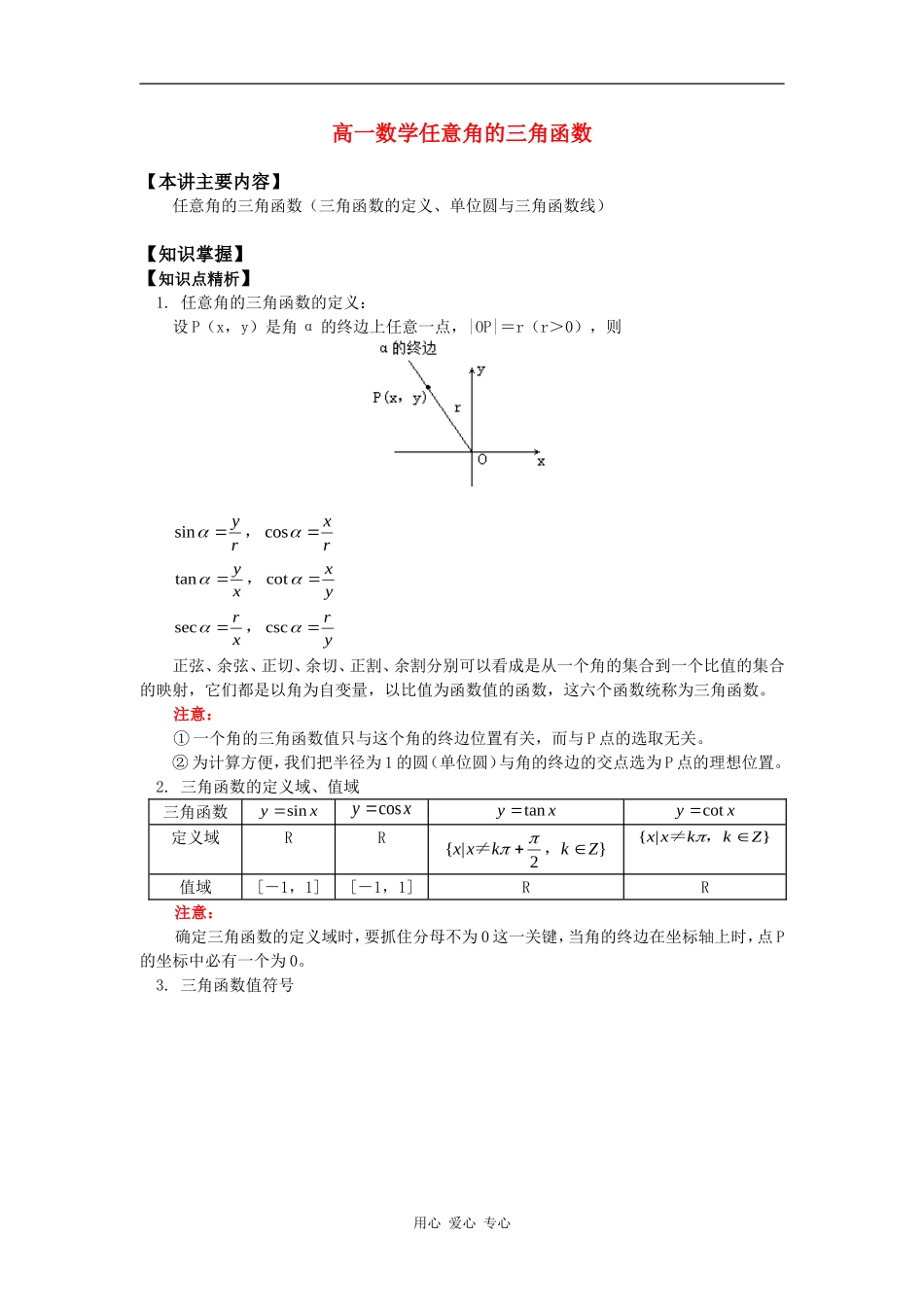高一数学任意角的三角函数知识精讲_第1页
