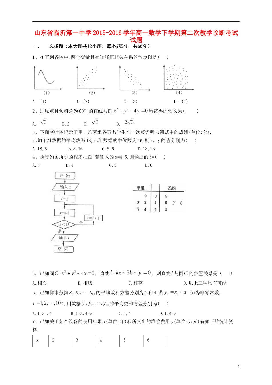 高一数学下学期第二次教学诊断考试试题-人教版高一全册数学试题_第1页