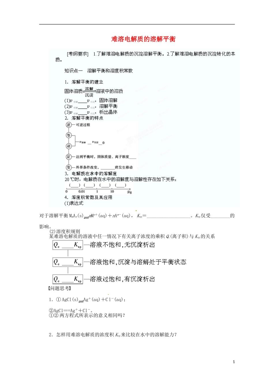 江苏省苏州市蓝缨学校高二化学《难溶电解质的溶解平衡》教案 新人教版_第1页
