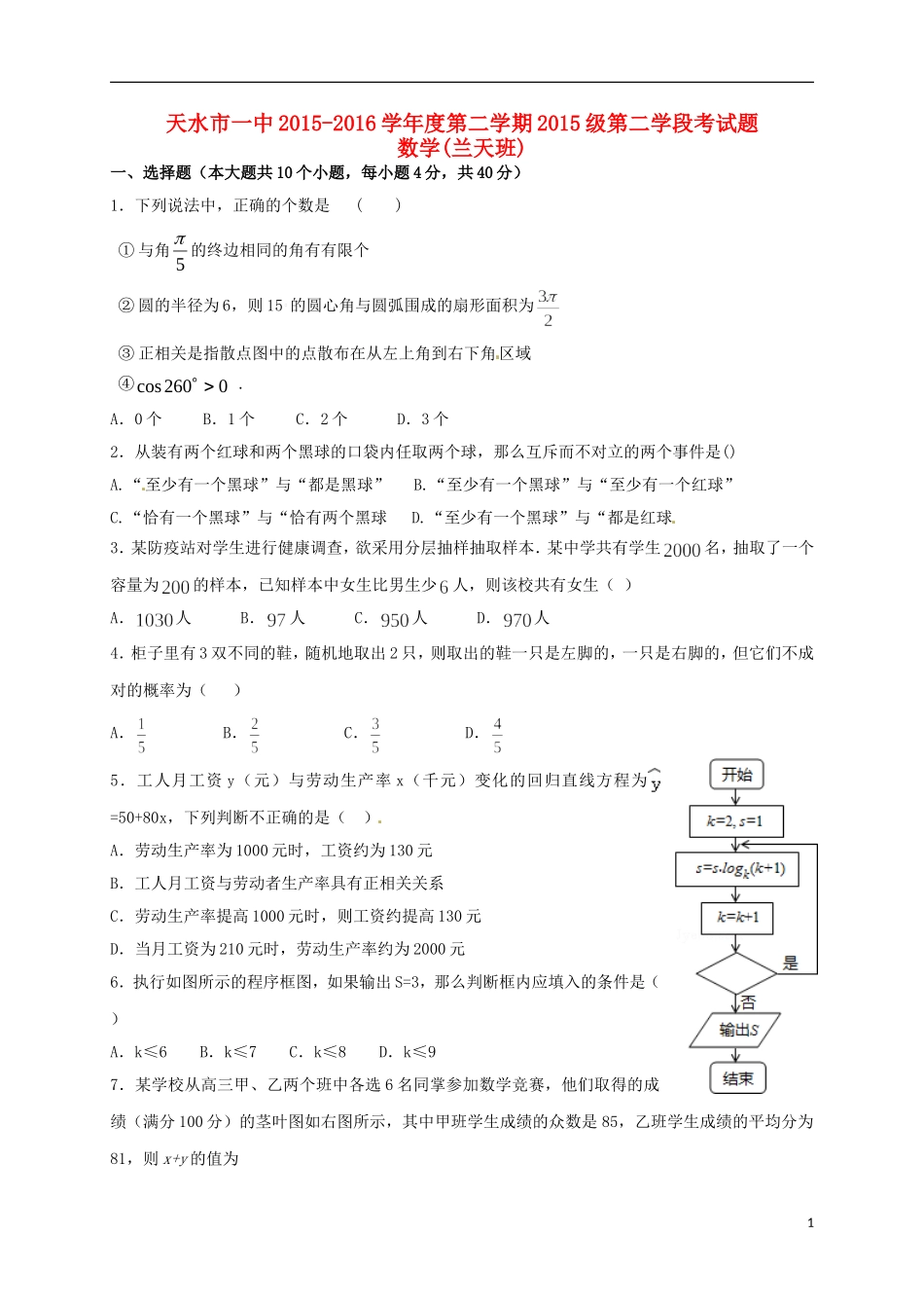 高一数学下学期第一次月考试题（兰天班）-人教版高一全册数学试题_第1页