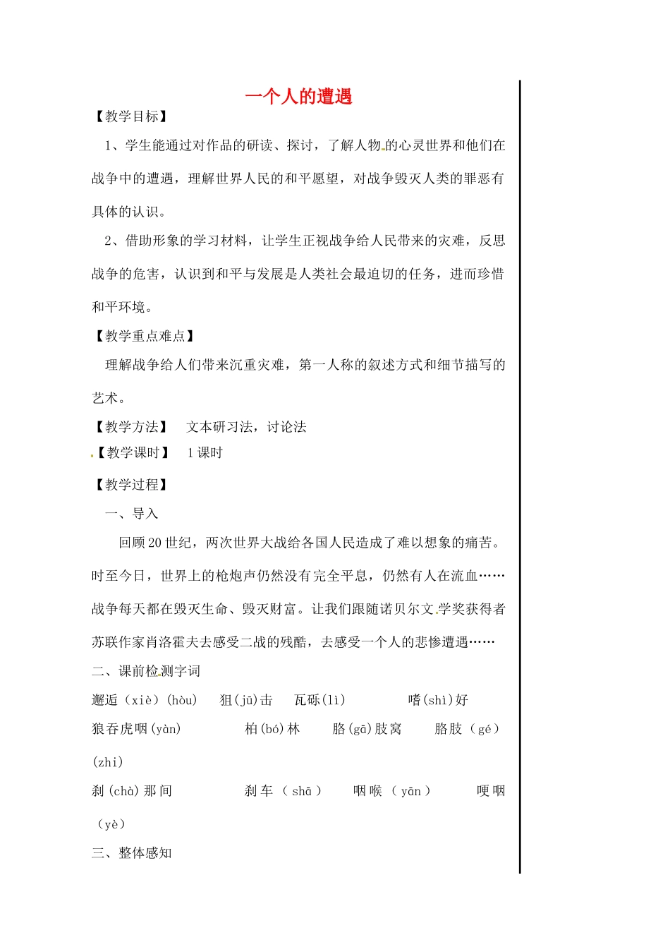 江苏省淮安中学高一语文《一个人的遭遇》教案_第1页