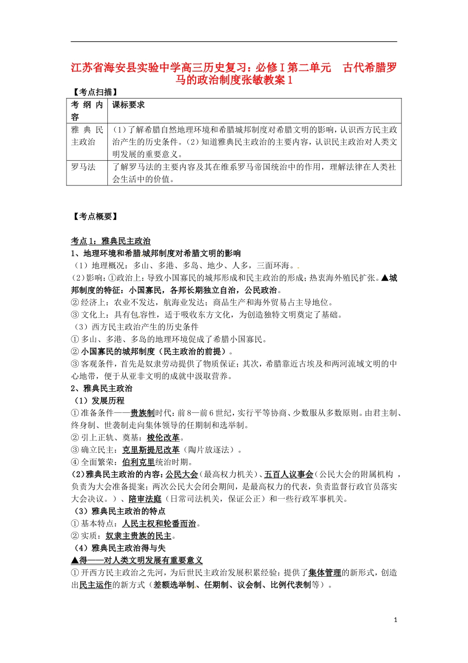 江苏省海安县实验中学高三历史 第二单元  古代希腊罗马的政治制度张敏复习教案1_第1页
