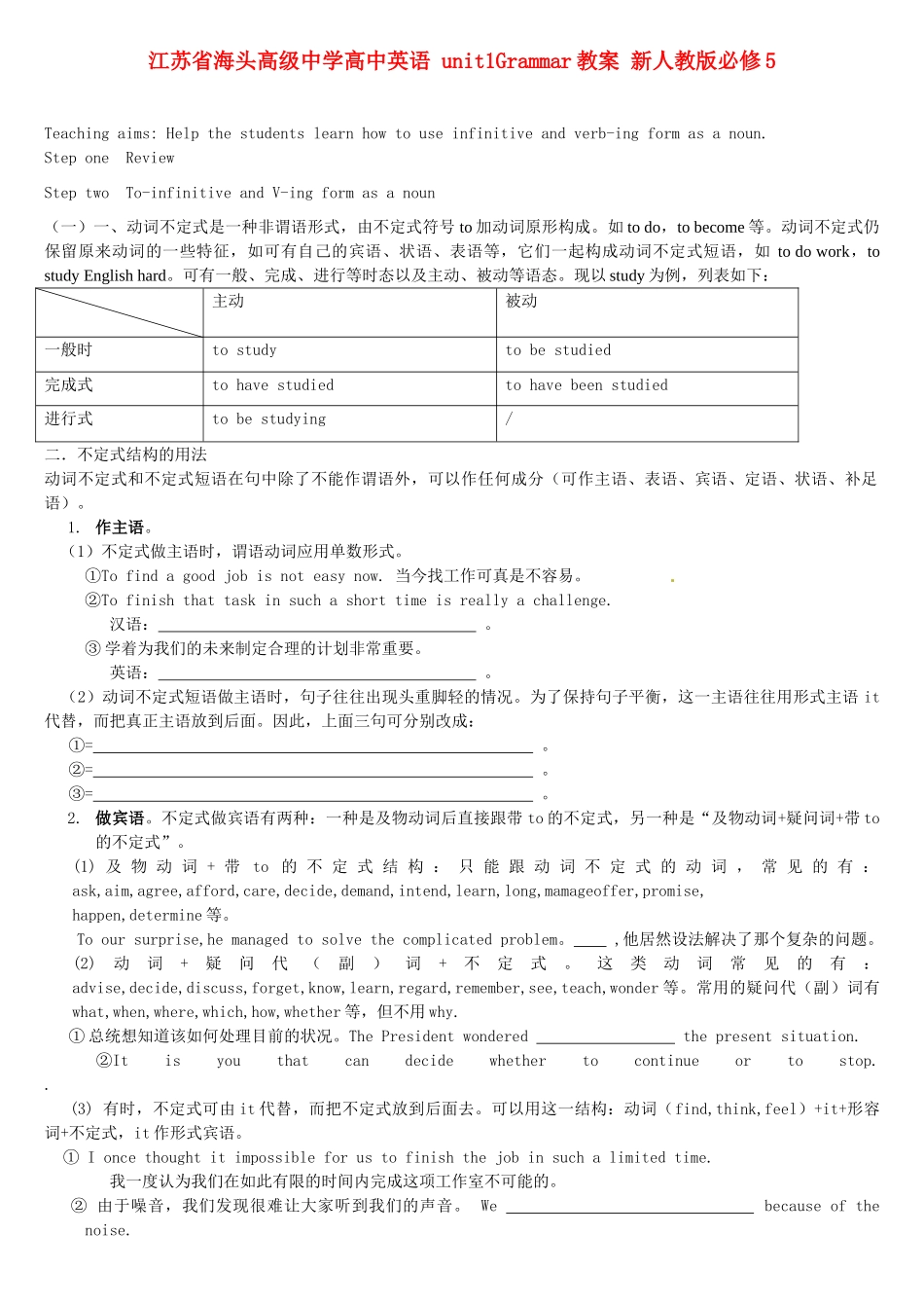 江苏省海头高级中学高中英语 unit1Grammar教案 新人教版必修5_第1页